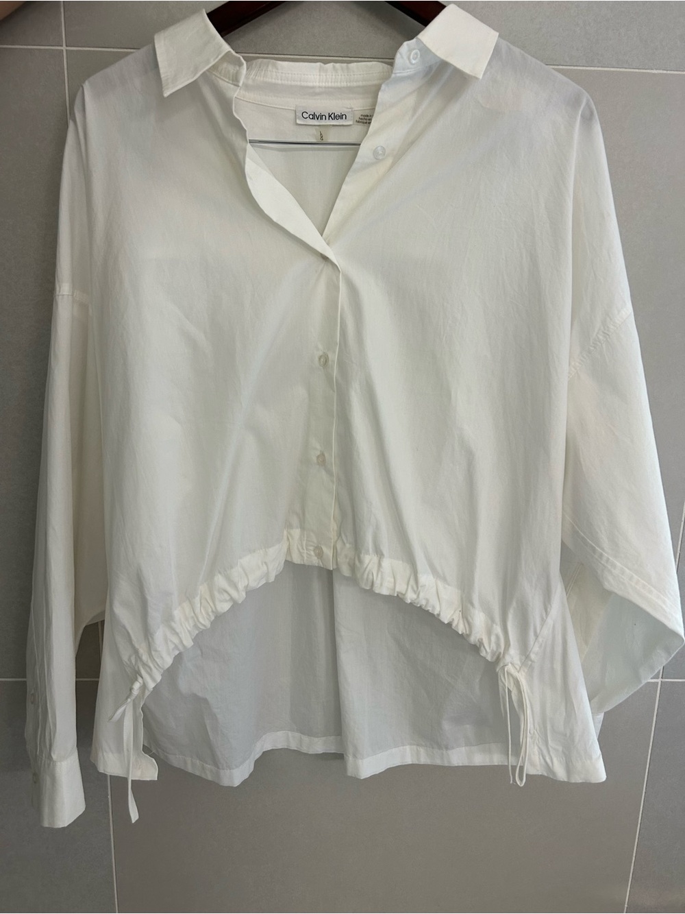 Calvin Klein White Cropped Drawstring Button-Down Shirt
